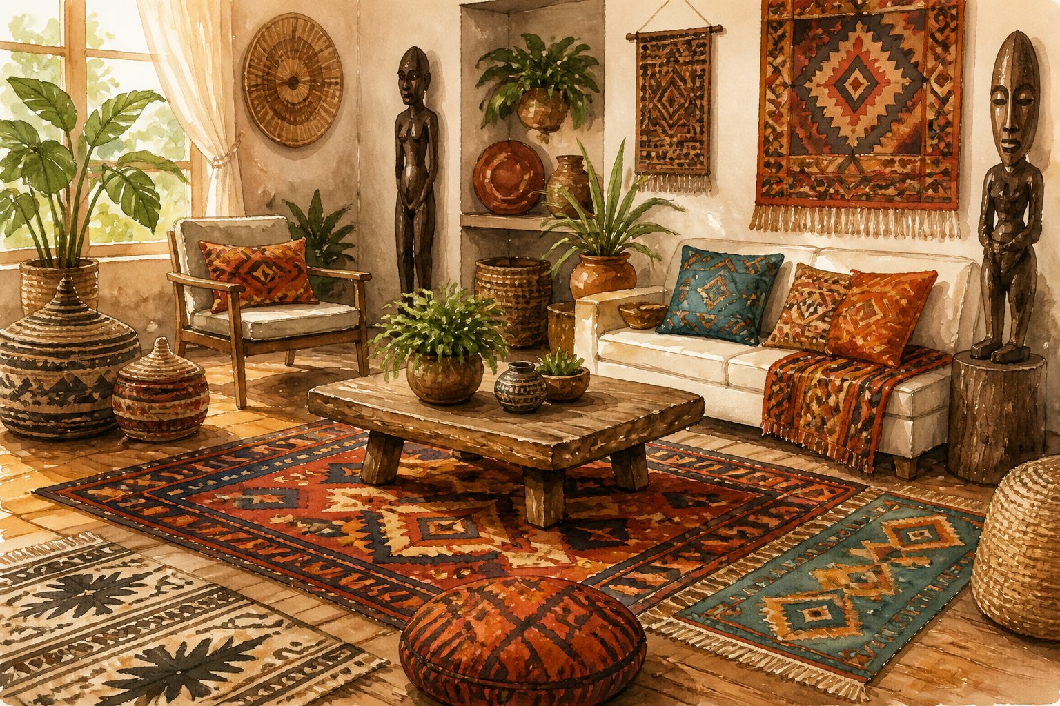 Intérieur chaleureux avec plusieurs tapis africains colorés disposés sur un sol en bois, entourés de meubles et décorations inspirés de la culture africaine.